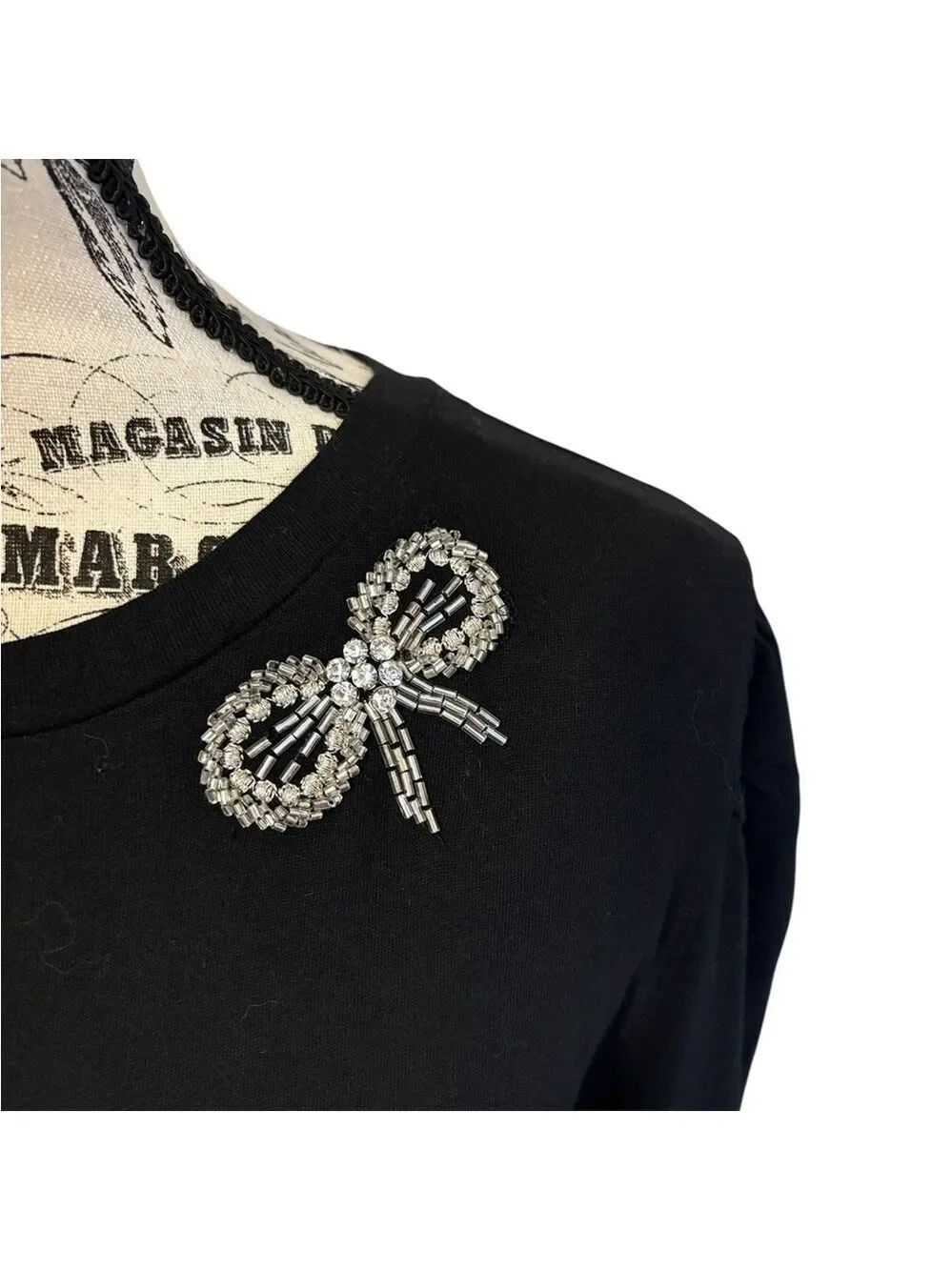 LOFT Black Tee Long Sleeve Silver Bead Bow Embellishment Size M New